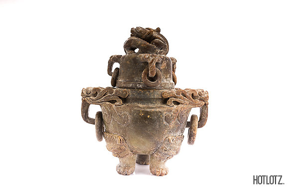 A LARGE BROWN JADE CENSER AND COVER