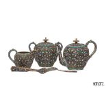 A RUSSIAN SILVER-GILT CLOISONNE ENAMEL FIVE PIECE TEA SERVICE.