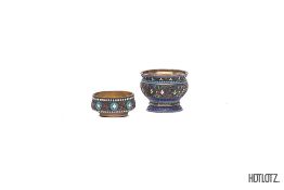 TWO RUSSIAN SILVER AND CLOISONNE ENAMEL SALTS