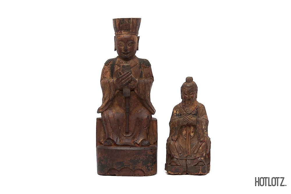 TWO CARVED WOOD TAOIST FIGURES