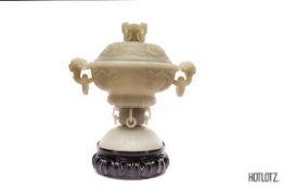 A CHINESE JADE PEDESTAL CENSER AND COVER