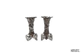 A PAIR OF FRENCH NATURALISTIC SILVER PLATED POSY VASES