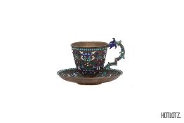 A RUSSIAN SILVER AND CLOISONNE ENAMEL COFFEE CUP AND SAUCER