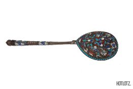 A RUSSIAN SILVER AND CLOISONNE ENAMEL SPOON