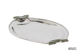 A SILVER AND HARDSTONE TWIN HANDLED TRAY