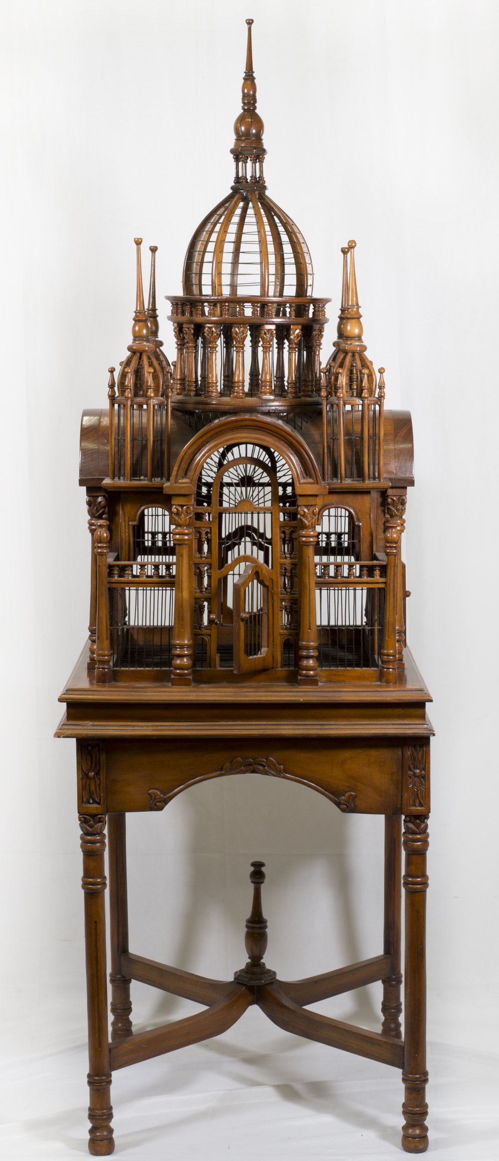 A reproduction Victorian design bird cage on stand in the form of a cathedral - 69in. high overall