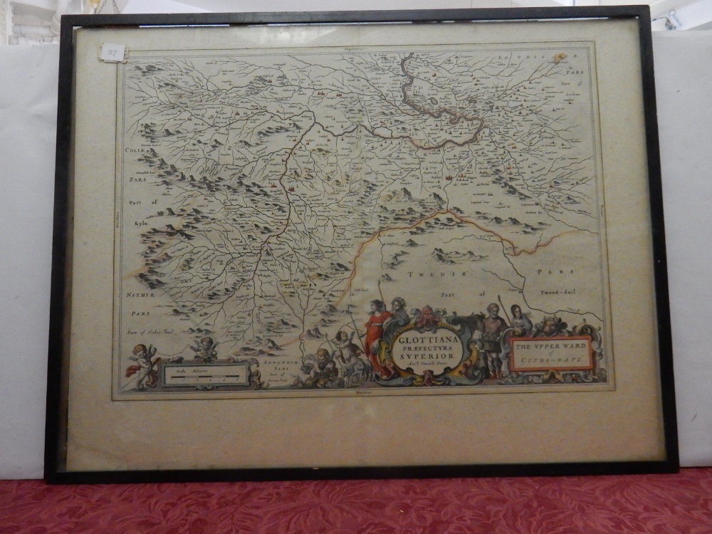 An antique map of The Vpper Ward of Clyds-Dayl, framed and glazed, four small pictures including