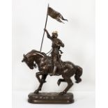 A 19th Century bronze study of Joan D'Arc on horseback, on oval base, signed Gaudez - 20in. high