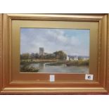 R.E Scott. An oil on canvas - Christchurch Priory, framed - 7in. x 11in. and four oleographs of