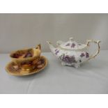 A Hammersley violet pattern tea for two service and an Aynsley fruit decorated tea for two part