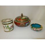 A Cloisonne powder bowl and cover, brown decorated flowers, a Cloisonne cylindrical jar and cover,