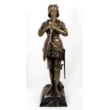 A 19th Century bronze study by Ruffony of Joan D'Arc in armour holding a sword, on rectangular