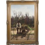 R. Gemmell Hutchison. A signed oil on canvas - Seated gentleman with a boy in an allotment with a