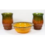 A pair of Monart style vases in orange and green - 8in. high approx. and a similar large shallow