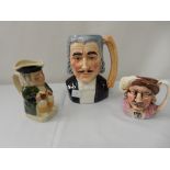 Seven Tony Wood and other toby jugs, a similar teapot, a silver plated mug and a Beswick pin dish