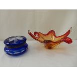 An Italian red and yellow shaped bowl, a blue flashed powder bowl and cover, a spill vase and a