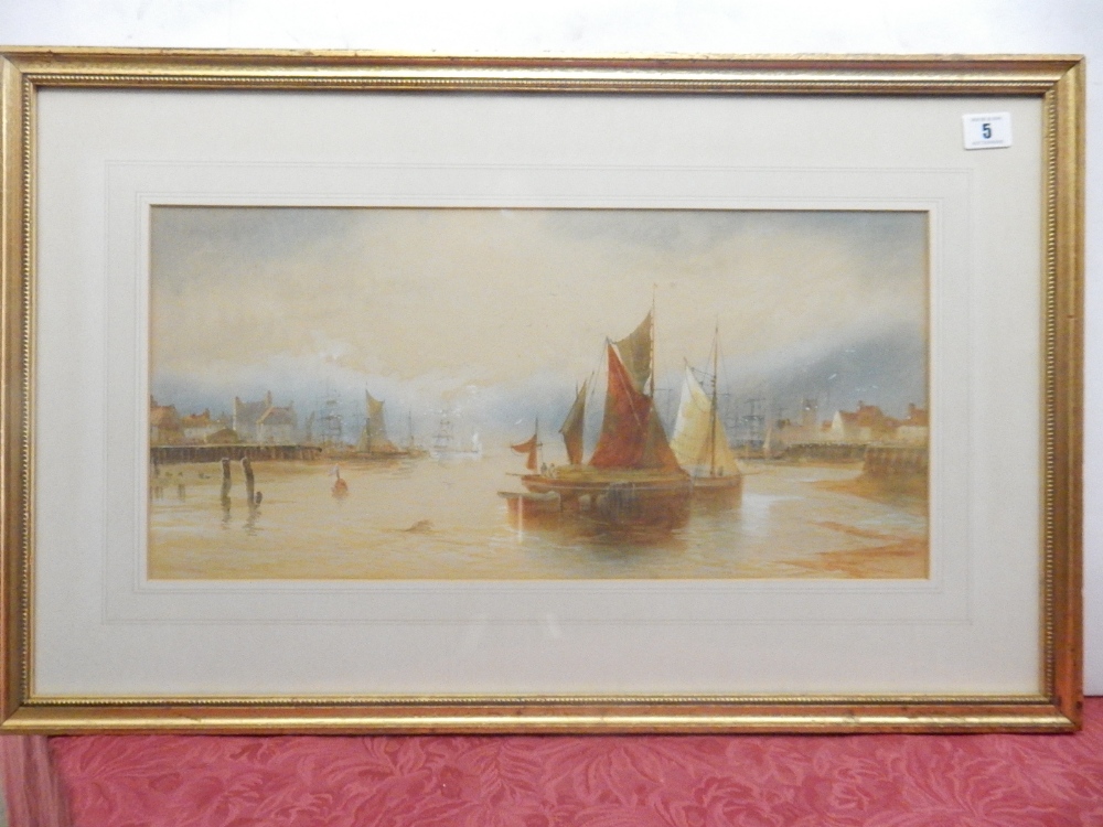 A watercolour entitled Rochester On The Medway depicting fishing boats under an evening sky,