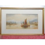 A watercolour entitled Rochester On The Medway depicting fishing boats under an evening sky,