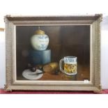 Denise. A signed oil on canvas - Still life of a tobacco jar and beer mug, framed - 18in. x 23in.