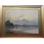 A watercolour - Lake and misty mountain scene, mounted, framed and glazed - 17 1/2in. x 24in.