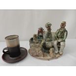 Three humorous studio pottery figure groups in Edwardian dress by Marie Whitby of Ashwell Pottery, a