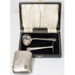 A child's silver spoon and pusher in fitted case - Birmingham 1947 and a lady's silver cigarette