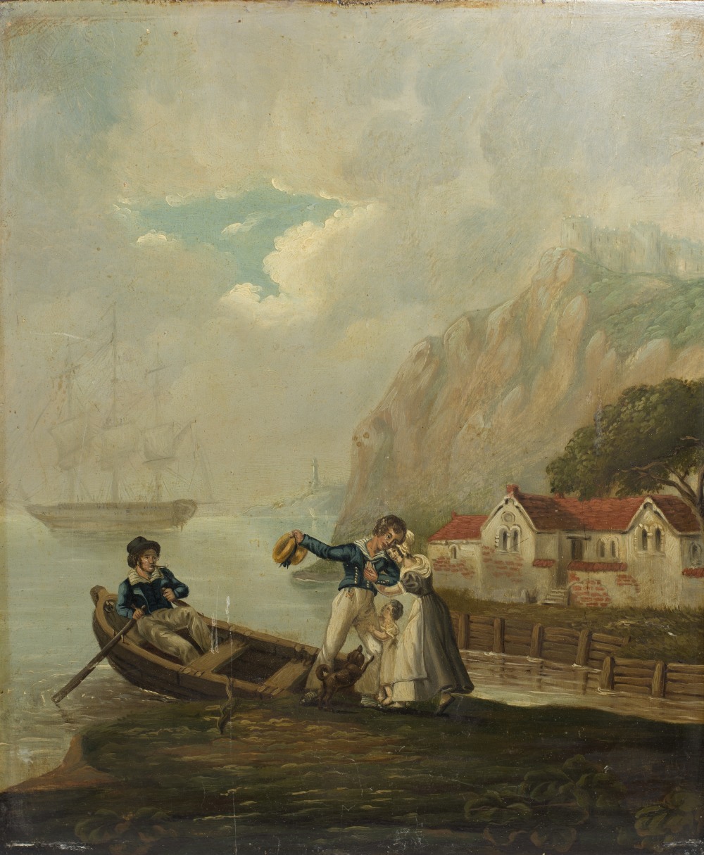 An oil on panel after Morland - Sailors in a rowing boat with a lady and child on the shore before