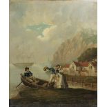 An oil on panel after Morland - Sailors in a rowing boat with a lady and child on the shore before