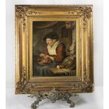 A 19th Century German porcelain plaque entitled 'The Potato Peeler', in an ornate gilt frame,