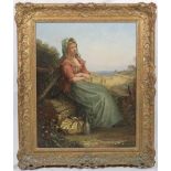 A 19th Century oil on canvas - Portrait of a seated lady in green bonnet and dress and peach jacket,