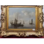 After Van Der Veldar. Oils on canvas - Coastal scene with fishing boats on a calm sea, in a