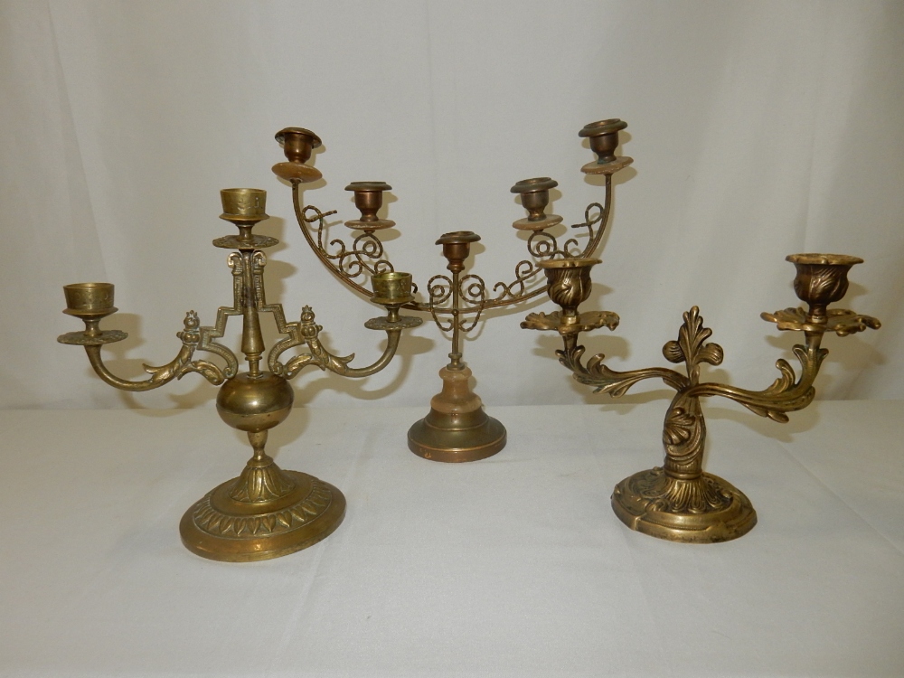 A pair of brass and alabaster five branch candelabra, a brass chatelaine, gilt metal twin branch