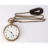 A gentleman's open face pocket watch with white enamel dial, seconds dial, Roman numerals, in a gold