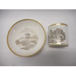 An early 19th Century Spode black transfer decorated coffee can and saucer decorated with castle