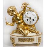 A 19th Century French mantel clock with white enamel dial, striking movement on a bell, in a white