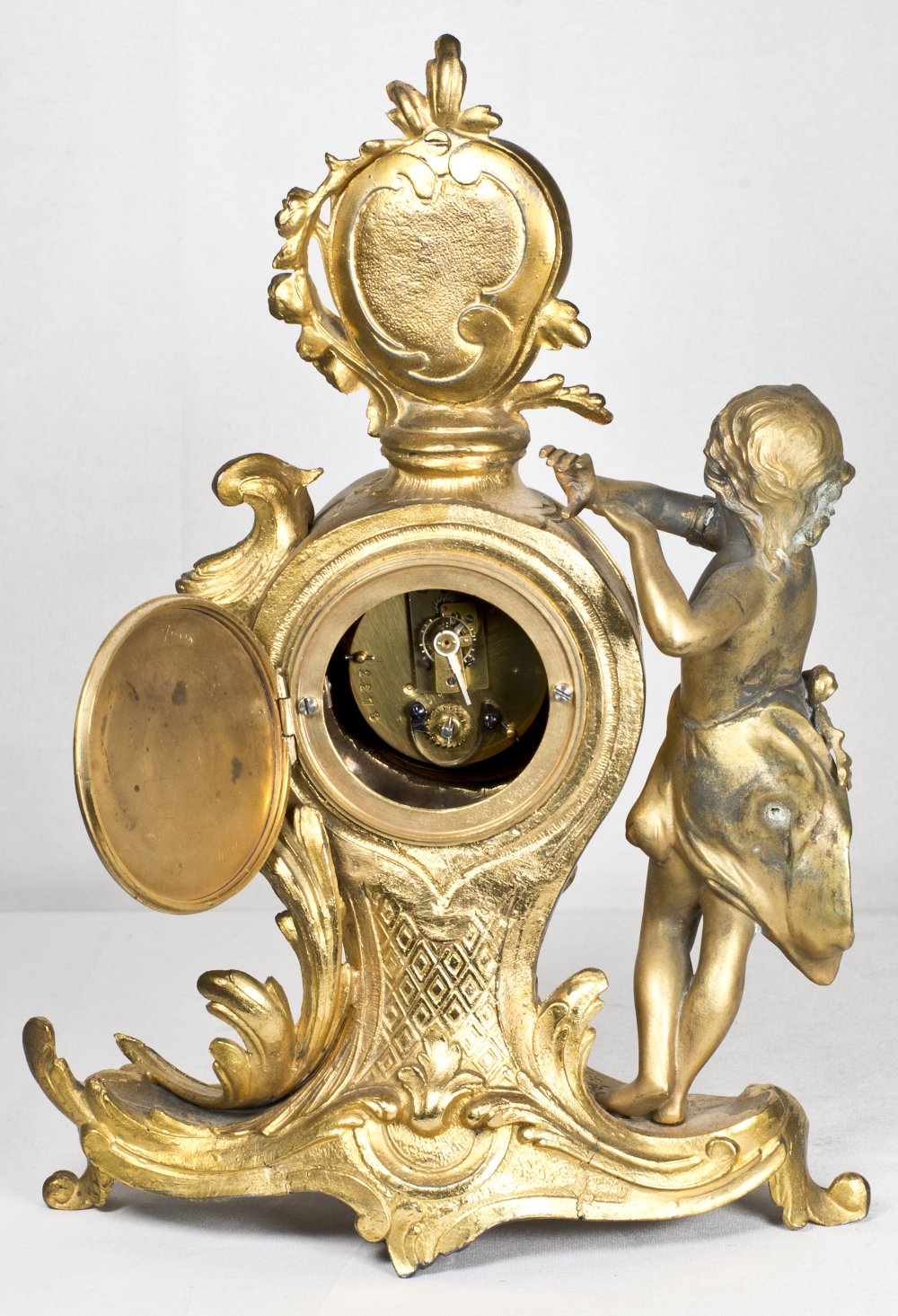 A 19th Century mantel clock with white enamel dial, in a gilded spelter case, the top inset portrait - Image 5 of 5