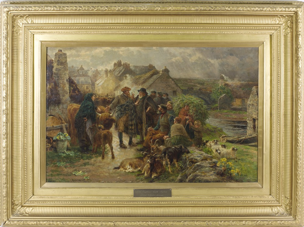 Charles Adams. Oils on board entitled The Highland Cattle Market, framed - 18in. x 28in.