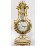 A French mantel clock with white enamel dial, swag decoration, striking movement, in a lyre shaped