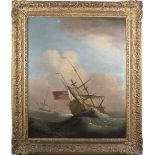 Peter Monamy. A signed oil on canvas - Man O war in a swell with another ship in the distance,