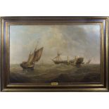Henry Redmore 1883. A signed and dated oil on canvas - Fishing boats near a wrecked frigate - 24 1/