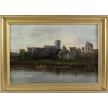 S.L Allan. Oils on canvas - View of Christchurch Priory with figures on the river, framed - 16in.