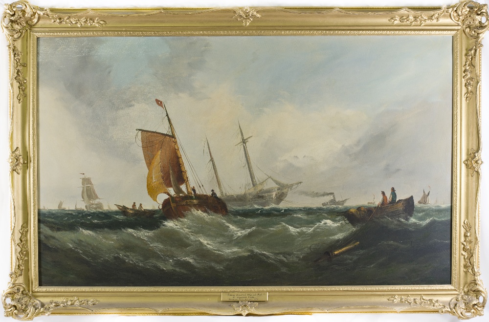 William A Knell R.A. Oils on canvas depicting a disabled ship being towed into port, gilt framed -