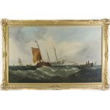 William A Knell R.A. Oils on canvas depicting a disabled ship being towed into port, gilt framed -