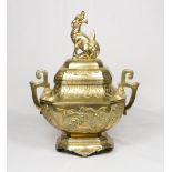 A Chinese bronze koro and cover, the lid with Dog of Fo finial, , stylised handles, the body