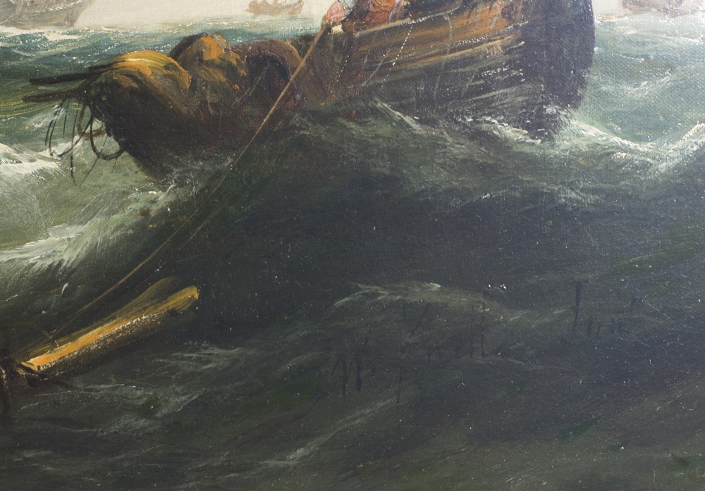 William A Knell R.A. Oils on canvas depicting a disabled ship being towed into port, gilt framed - - Image 2 of 6