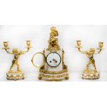 A 19th Century French mantel clock with white enamel dial, in a fluted white marble case