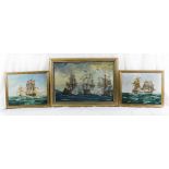 Marsh. Oils on canvas - Off Malaga Spain depicting ships in a battle, framed - 19 3/4in. x 30in. and