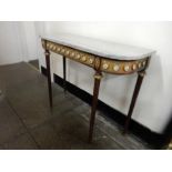 A reproduction French console table with marble top, the frieze decorated circular Limoges panels,