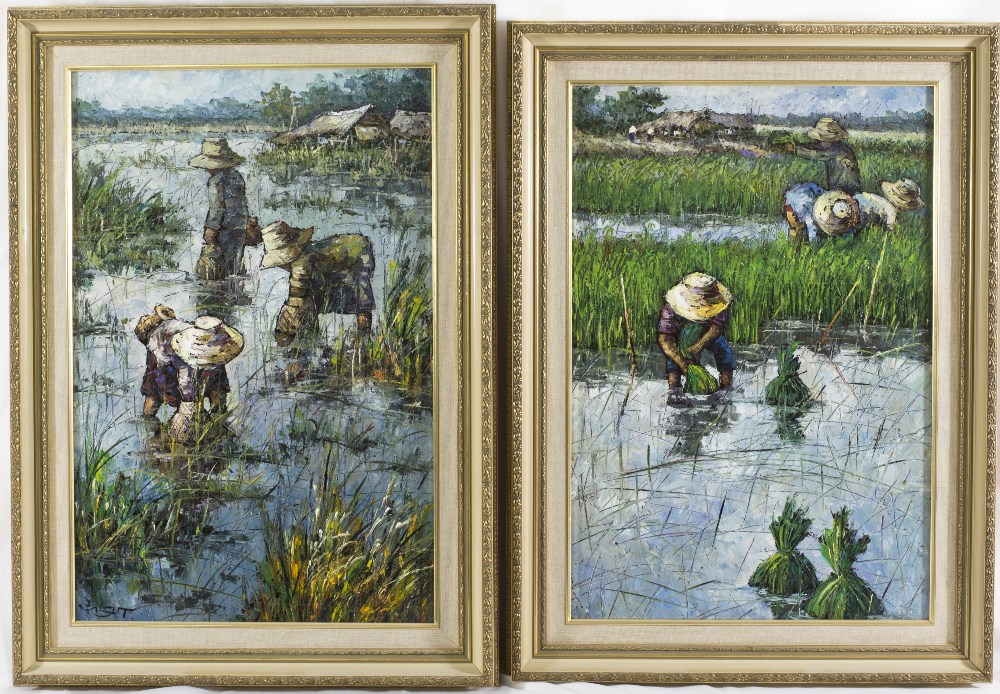 Two oils on canvas - Thai women working in rice paddies, framed - 22in. x 14 1/2in. and an oils -