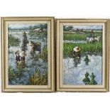 Two oils on canvas - Thai women working in rice paddies, framed - 22in. x 14 1/2in. and an oils -